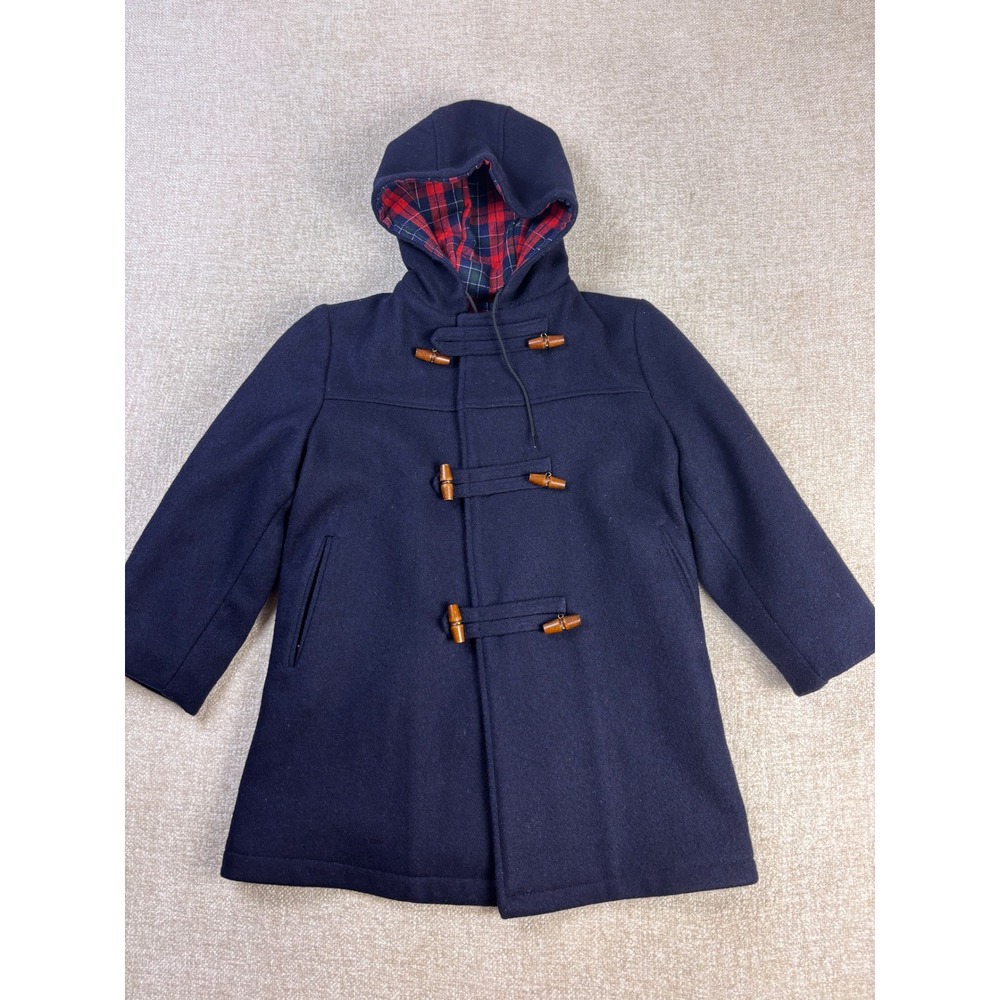 Imp Originals Kids Navy Blue Wool Duffle Coat Plaid Lined Toggle Size 8 USA Made